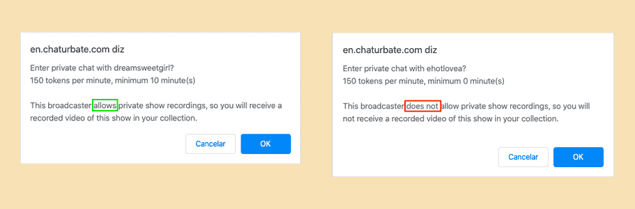 Avis d'autorisation ou non d'enregistrer une show privée dans Chaturbate