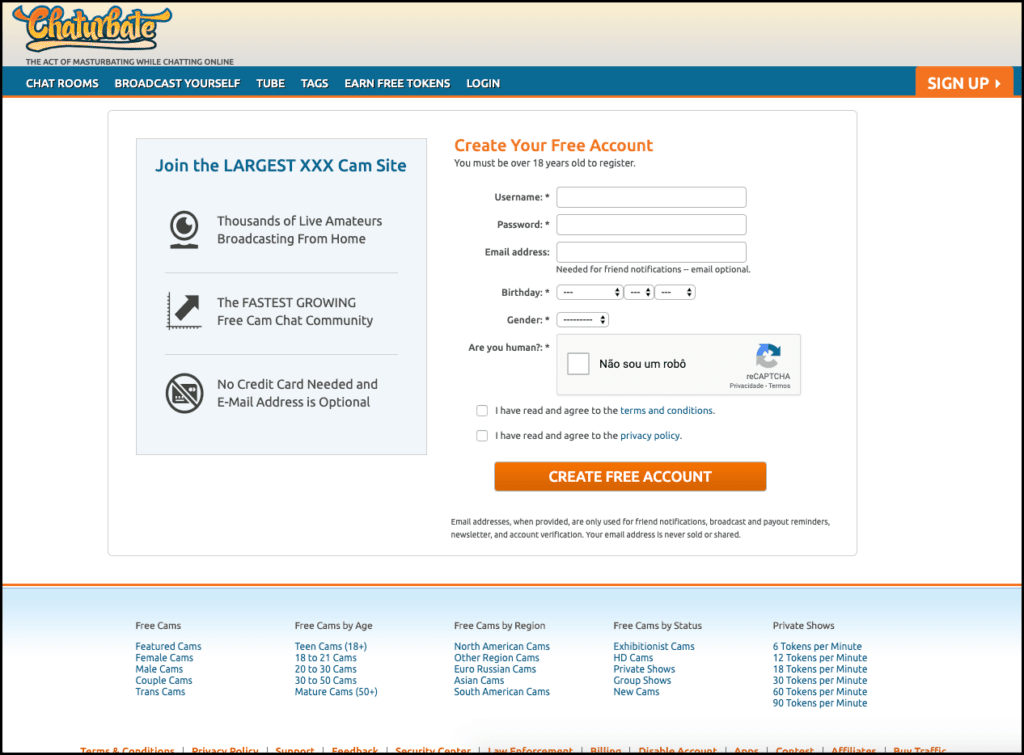 Pagina di creazione dell'account Chaturbate