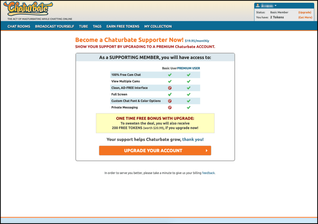 Página com os benefícios da conta premium do Chaturbate