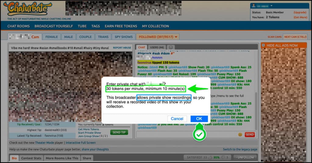 Popup di verifica dello spettacolo privato di Chaturbate